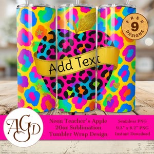 Neon Leopard Apple Tumbler Wrap PNG – Tekstbanner sublimatieontwerp voor 20oz magere bekers, kleurrijke leraar cadeau digitale download