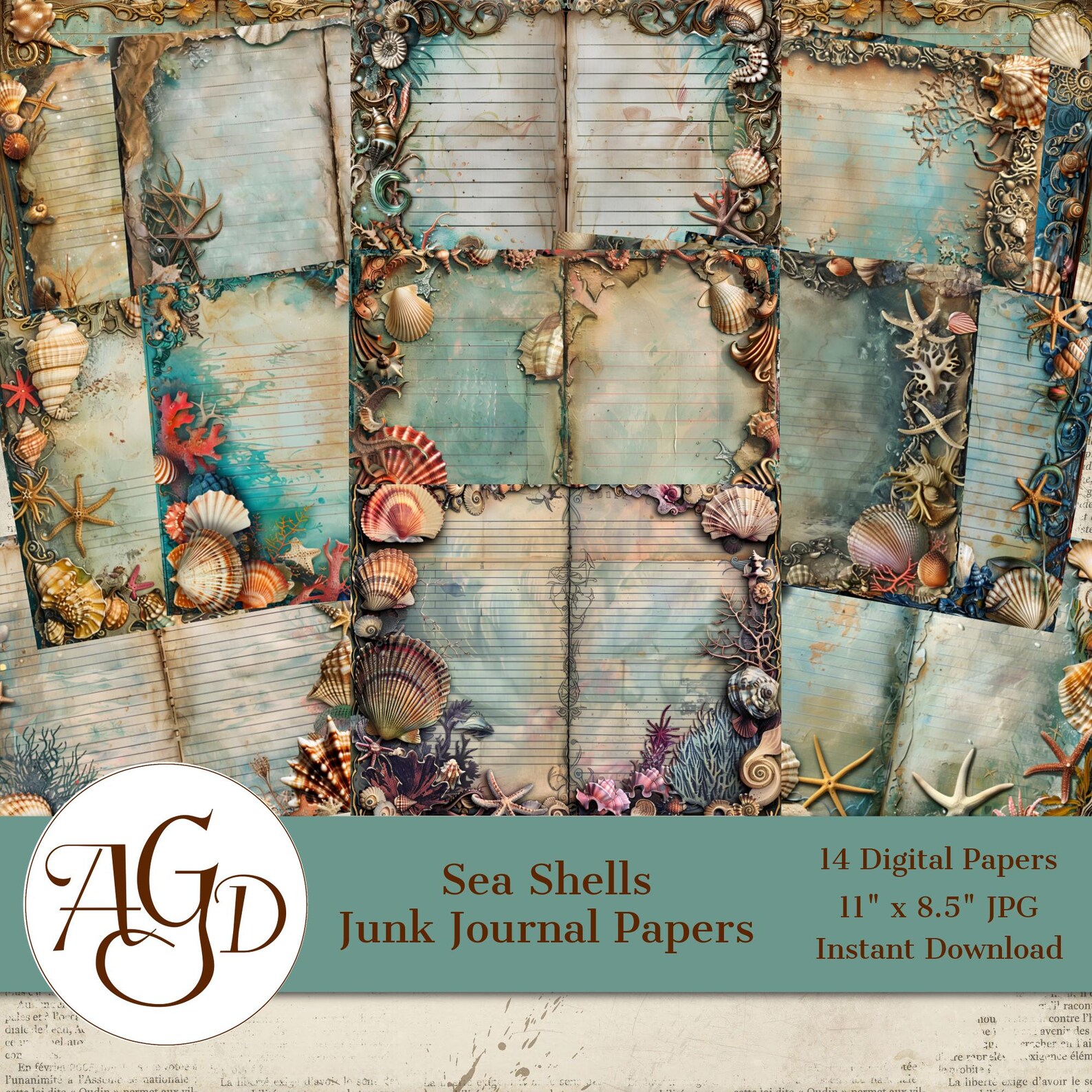 Junk Shells Sea Shells Junk Journal Paper, Notebook Paper, Junk Journal Pages ...