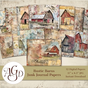 May include: Twelve digital papers featuring rustic barns in various styles. The papers are 11 inches by 8.5 inches and are in JPG format. They are perfect for junk journaling, scrapbooking, and other craft projects.