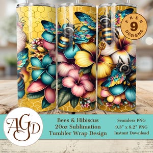 Omslagdoek voor bijen en hibiscus, png PNGEgg | 20oz bloemensublimatieontwerp | Afdrukbare honingraat en tropische bloem | Heldere zomer digitale download