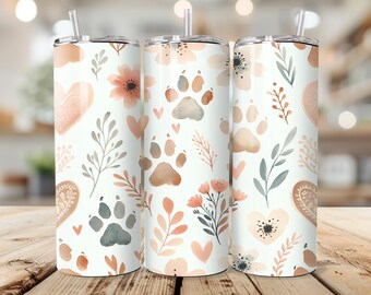 Envoltura de vaso con estampado de patas boho PNG / Diseño floral de acuarela neutro para mascotas