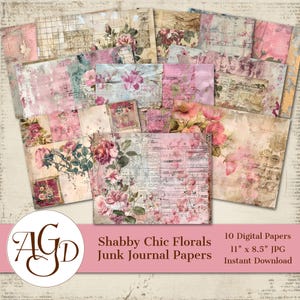 Puede incluir: Una colección de 10 papeles digitales con motivos florales, escritura antigua y texturas de cuadrícula en tonos rosa, crema y beige. Los papeles incluyen superposiciones de texto e ilustraciones botánicas. La imagen muestra el texto Shabby Chic Florals Junk Journal Papers 27,94 cm por 21,59 cm JPG Instant Download.
