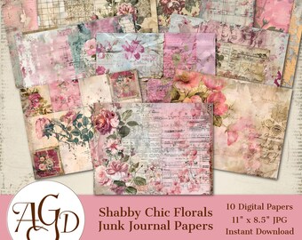 Shabby Chic Pink Floral Junk Journal Paper, Notebook Paper, Junk Journal Pages, Digital Junk Journal, Flowers, Pink Flowers