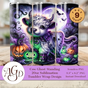 Può includere: Un design a tema Halloween per un bicchiere con un fantasma di mucca con una combinazione di colori viola e verde. Il design include zucche, pipistrelli e una luna piena. Il design è per un bicchiere da 20 once e misura 23,6 cm x 20,8 cm.