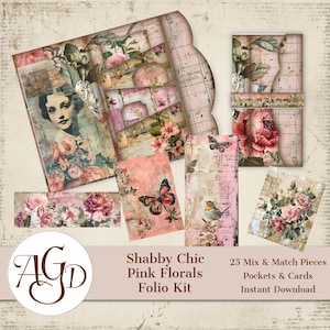 Puede incluir: Un kit de scrapbooking digital con 25 piezas para mezclar y combinar, incluyendo bolsillos y tarjetas. El kit presenta un estilo shabby chic con diseños florales rosas, mariposas, pájaros y elementos de inspiración vintage. El texto "Shabby Chic Pink Florals Folio Kit" y "25 Mix & Match Pieces Pockets & Cards Instant Download" está incluido en la imagen.