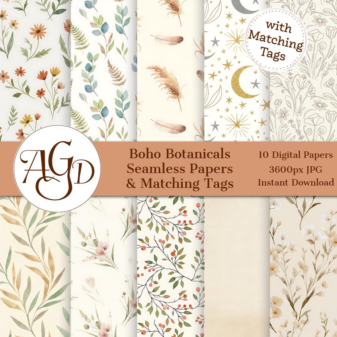Boho Botanical Seamless Paper Pack, Neutral Floral Digital Paper ...