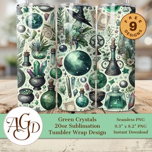 May include: A 20oz tumbler wrap design featuring a seamless pattern of green crystals, potion bottles, a witch's hat, and other mystical elements. The design includes the text "Green Crystals 20oz Sublimation Tumbler Wrap Design".