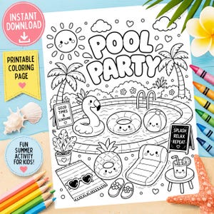Pool Party Coloring Page Printable | Summer Coloring Page for Kids | Cute Pool Float Coloring Sheet | Beach Vacation Activity