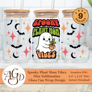 Gruselige Plant Mom Vibes Glasdose PNG | 16 Unzen Halloween Glasdose Sublimation | Retro Geist Pflanzenliebhaber Digitale Datei