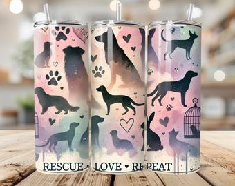 Rescue Love Repeat Skinny Tumbler PNG Wrap, Adopt don't shop, Straight Wrap, dog and cat  Sublimation Digital Download, pet adoption, floral