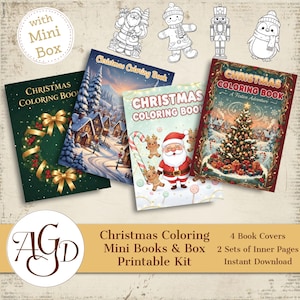 Pode incluir: Quatro capas de livros de colorir com tema natalino com ilustrações festivas de uma coroa de flores, uma vila nevada, o Papai Noel e uma árvore decorada. A imagem inclui desenhos de personagens de férias e o texto "Christmas Coloring Book".
