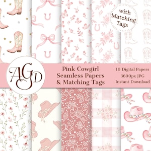 May include: A set of pink cowgirl-themed digital papers with matching tags. The designs feature cowboy boots, bows, horseshoes, butterflies, floral patterns, and cowboy hats. The text reads "Pink Cowgirl Seamless Papers & Matching Tags" and "10 Digital Papers 3600px JPG Instant Download."