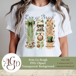 Puede incluir: Una ilustración digital de una camiseta blanca con un diseño verde, marrón y dorado. El diseño presenta un trébol, una casa, una olla de oro y un sombrero de duende. El texto "Erin go Bragh" está escrito en negro en la parte superior del diseño.