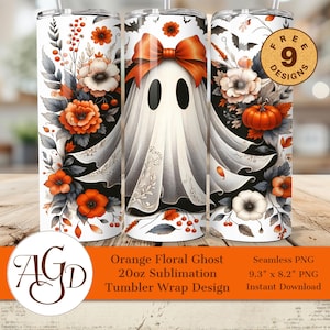 Gobelet d'emballage floral fantôme PNG | Sublimation d'Halloween, 20 oz | Fantôme d'automne élégant avec fleurs oranges et citrouilles | Téléchargement numérique