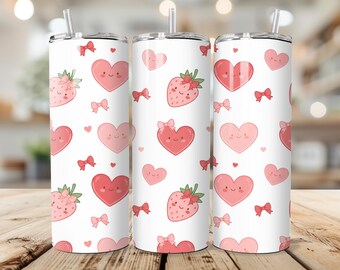 Cute Strawberry Heart Tumbler | Pink Bows & Hearts Cup | Coquette Valentine Aesthetic Drinkware