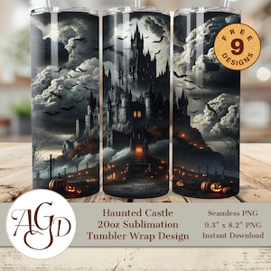 Haunted Castle Tumbler Wrap PNG | Gothic Halloween 20oz Skinny Tumbler Sublimation Design | Dark Spooky Castle Digital Download