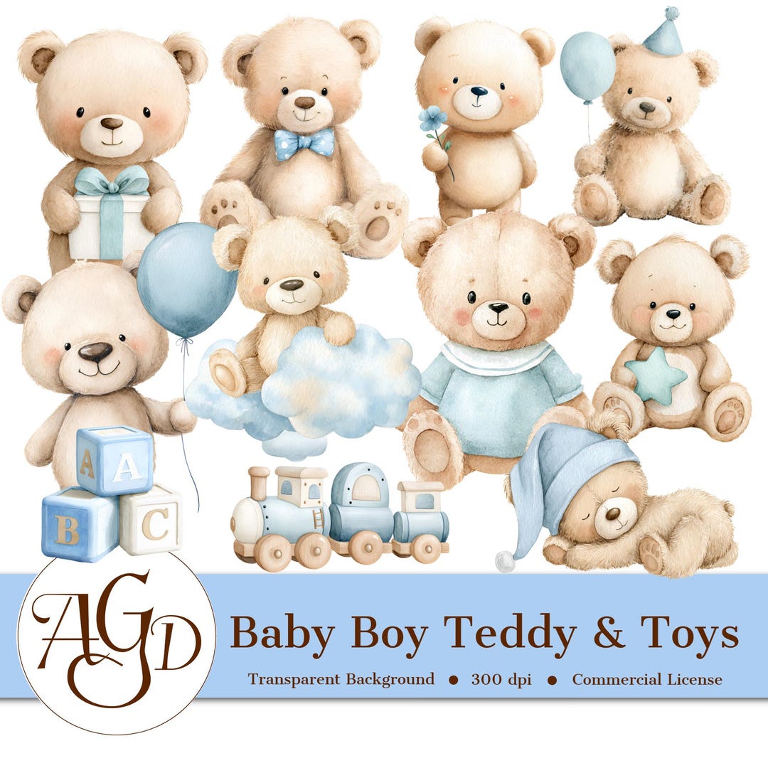 Baby Boy Teddy Bear & Toy Clipart | Blue Nursery Pngs | Nautical Toys ...