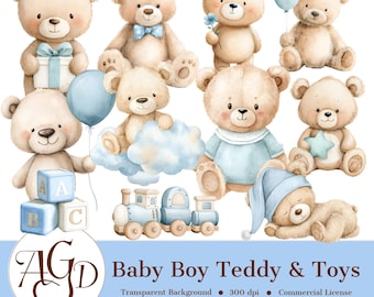 Clipart de osito de peluche y juguete para bebé niño / PNG azules para guardería / Juguetes náuticos para invitaciones y decoración de fiestas