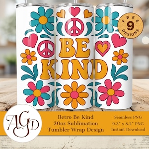 Be Kind Tumbler Wrap PNG - 20 oz Skinny Tumbler Sublimationsdesign - Retro Peacezeichen Flower Power Digitaler Download - Groovy Boho Zitat Wrap