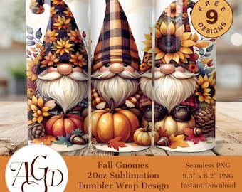 Envoltura de vaso con gnomos de otoño PNG / Diseño de sublimación de calabaza y girasol de otoño / Vaso delgado de 20 oz PNG / Descarga digital de gnomos de Acción de Gracias