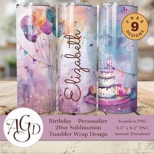 Personalisierte Geburtstagsglasverpackung PNG - 20 oz Skinny Sublimationsdesign - Personalisierbare Aquarellballons & Kuchen - Digitaler Download