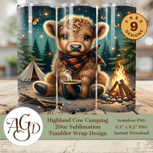 Schattige Highland Cow campingbeker wrap png – 20 oz mager sublimatieontwerp met geruite sjaal kampvuur, bos en buffel – Cosy Cow downloaden