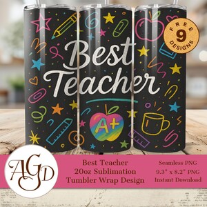 Best Teacher Chalkboard Tumbler Wrap PNG – Colorful Doodle Sublimation Design for 20oz Skinny Tumbler, Teacher Appreciation Digital Download