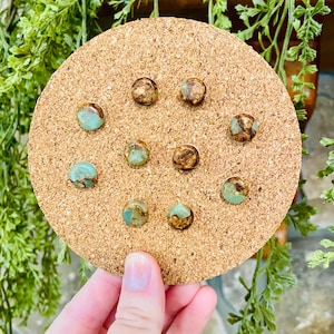 May include: A cork board with nine small round green and brown gemstone earrings.