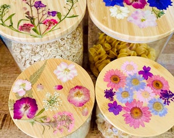 Pressed Flower Pantry Storage Container Kitchen Organization Coffee Canister Glass Tea Container Spice Jar Bamboo Lid Sugar Flour Homeware