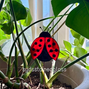 May include: A red and black ladybug garden stake with a metal stem. The ladybug has black spots and is set against a backdrop of green plants. The text "sydsstainedglass" is visible at the bottom.