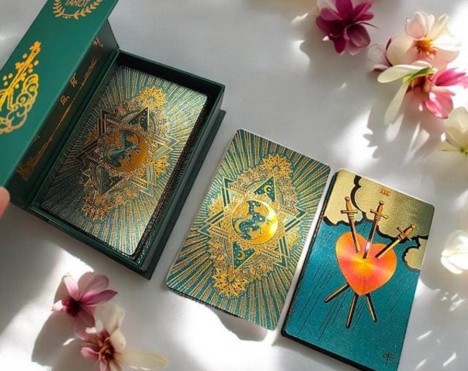 Green Gold Tarot Deck,  78 Waterproof Tarot Card Deck, Tarot Cards With Guidebook, Luxury Gift Box.