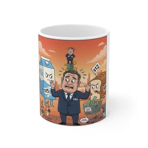 May include: White ceramic mug featuring a cartoon illustration. The design depicts a man in a suit with coins on his head, surrounded by animated food items and a shopping cart. The mug has a red and orange background.