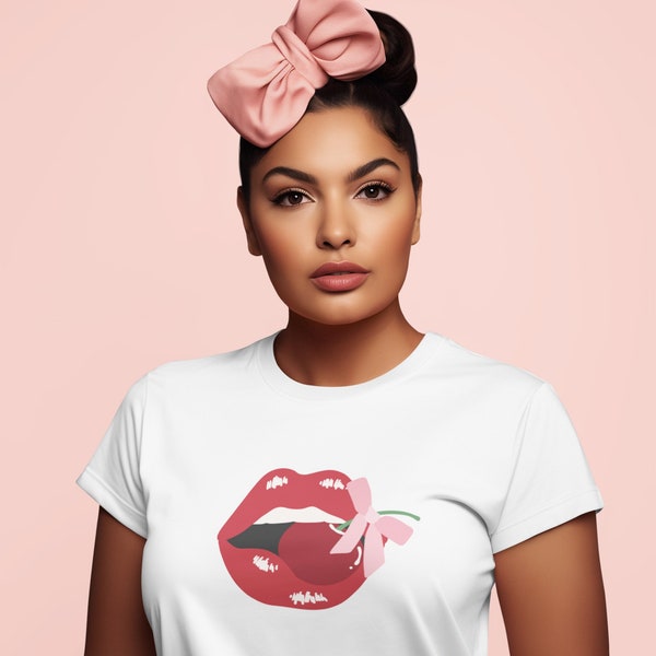 Red Cherry Lips & Pink Bow Coquette Shirt - Kiss Me Bite Me Trending Chic Sexy Girlyhood Aesthetic Top, Bold Fashion Statement