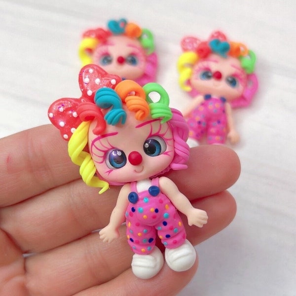 Neon Clown Girl,  Clay Doll, cold porcelain, clown girl, cute clown girl, bow center, bow decor piece