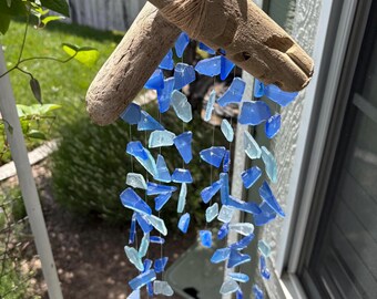 Handmade Blues Sea Glass Wind Chime with Real Driftwood