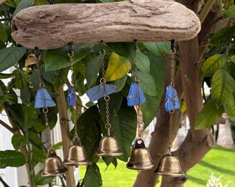 Dark Blue Sea Glass Wind Chimes Oregon Driftwood & Brass Bells #1
