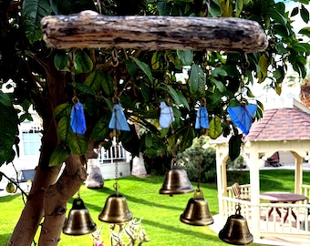 Fading Blue Sea Glass Wind Chime Oregon Driftwood & Brass Bells