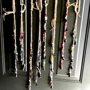 Witches Bells Door Knob Hanger, Door Windchime, Window Windchime, Bell Ringer: Brass Bells, Jute Twine, 20 different Color Schemes
