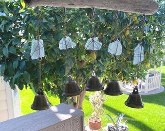 Light Blue Glass Wind Chime Oregon Driftwood & Brass Bells