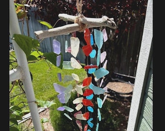 Handmade Multicolored Sea Glass Wind Chime with Real Driftwood