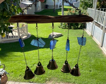 Dark Blue Sea Glass Wind Chimes Oregon Driftwood & Brass Bells #2