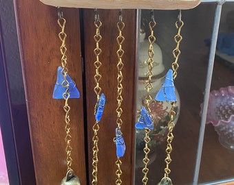 Pretty Blue Sea Glass, Brass, and Bell Wind Chime