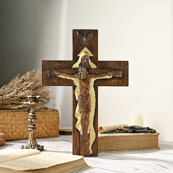 Holy Trinity Crucifix Wood Decor Cross Jesus Christ God Holy spirit three gift present Christian