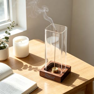 Peut inclure: Un brûleur d'encens en verre rectangulaire transparent avec une base en bois brun foncé et un petit support en laiton. Un bâton d'encens fin est placé dans le support en laiton, émettant un filet de fumée. Le mot Robeit est gravé sur la base.