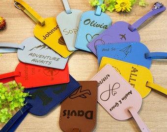 Set of 10 Personalized Luggage Tags, Custom PU Leather Travel Tags, Engraved Name Bag Tags, Wedding Party Favors, Bridesmaid Travel Gift