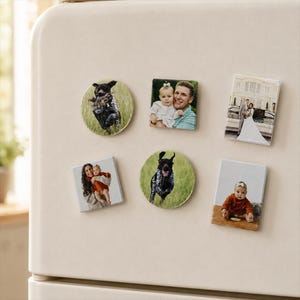 May include: A collection of six rectangular and circular magnets with printed images. The images include a dog running in a field, a family portrait, a wedding photo, and a baby. The magnets are attached to a white refrigerator.