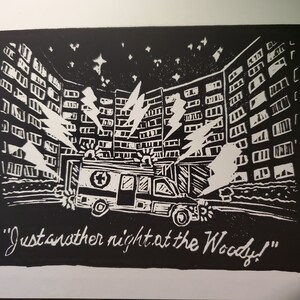 Just another night at the Woody! Activist art linocut print