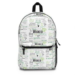 Wicked Inspired disant vert Sac à dos broadwaybackpack wicked elphaba & Glinda print sac à dos avec des mots inspirés