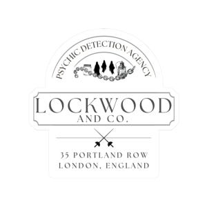 May include: A white sticker with the text "PSYCHIC DETECTION AGENCY" in a semi-circle above the text "LOCKWOOD AND CO." in a rectangular box. Below is "35 PORTLAND ROW LONDON, ENGLAND". Two crossed swords are in the center.
