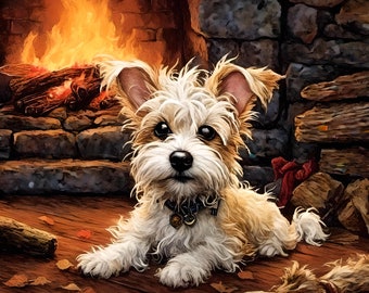 Printed Art image of Terrier by Fireplace